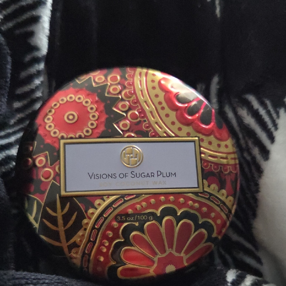Huntington Home Visions of Sugar Plum Decorative Tin in Red, Gold, Black